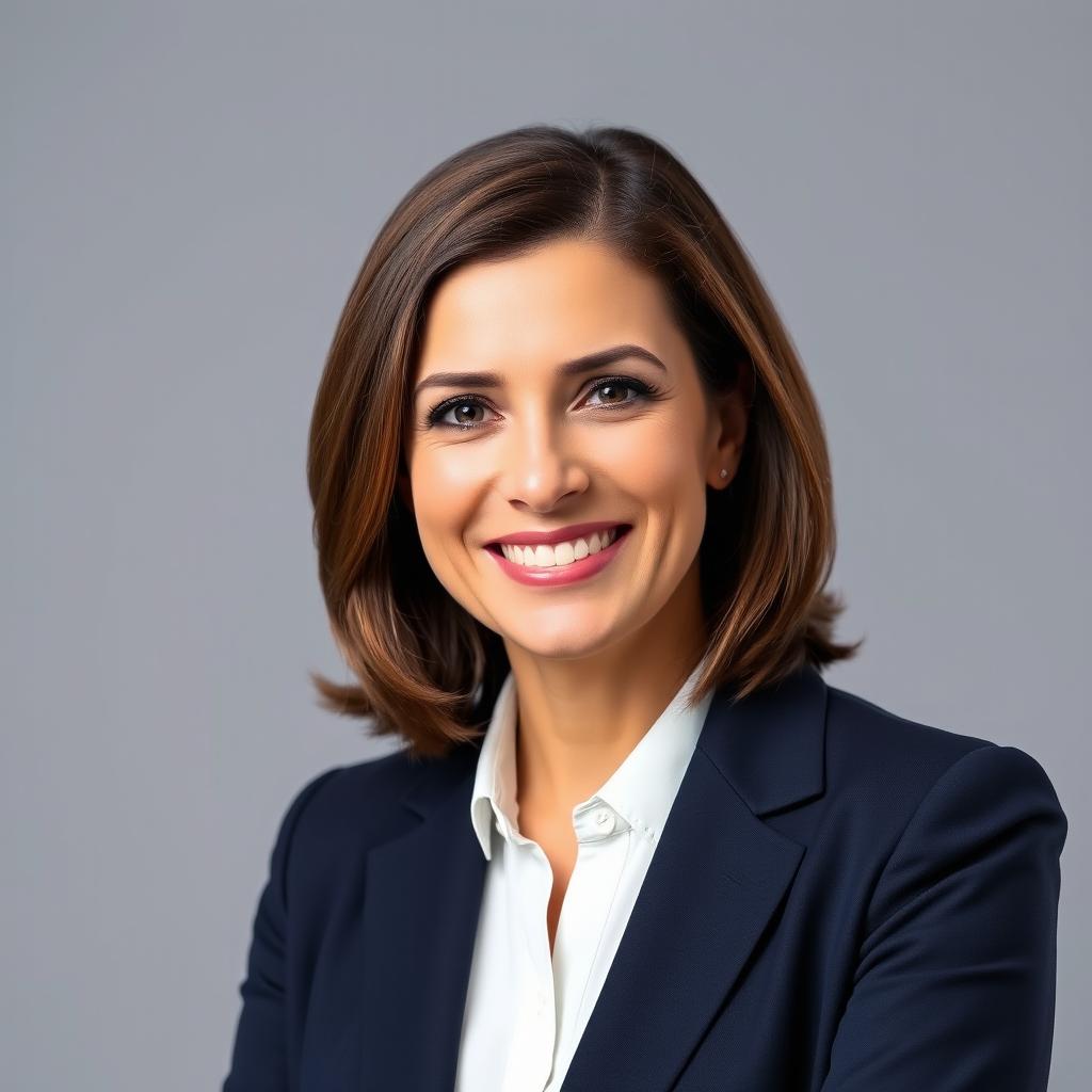 A professional corporate headshot of a confident businesswoman in her mid-30s
