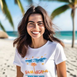 A joyful girl posing on a palm-fringed beach, wearing a professionally designed t-shirt