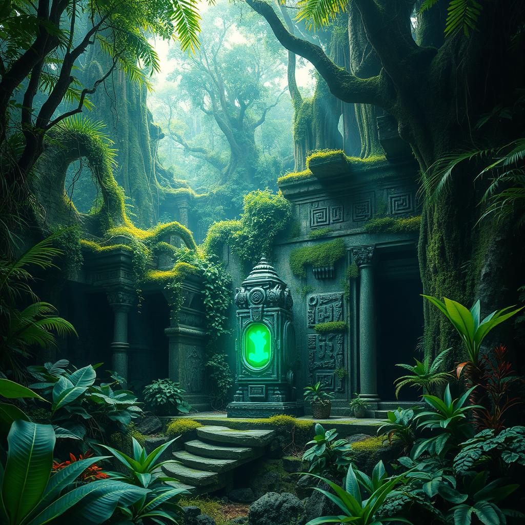 A dense jungle filled with lush green foliage, towering trees, and exotic plants, showcasing an ancient ruin partially overtaken by nature