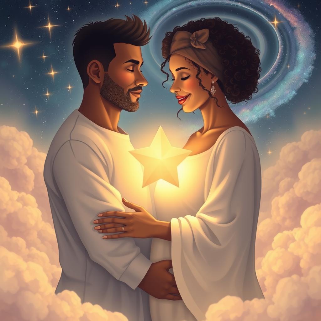 A beautiful and emotional scene depicting the bond between a couple, gently embracing each other, surrounded by a celestial theme