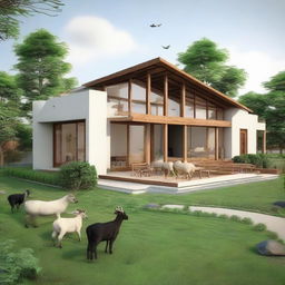 An integrated design of a residential house and goat farm, showcasing a harmonious blend of living space with farming facilities, ensuring easy access and efficient operation.