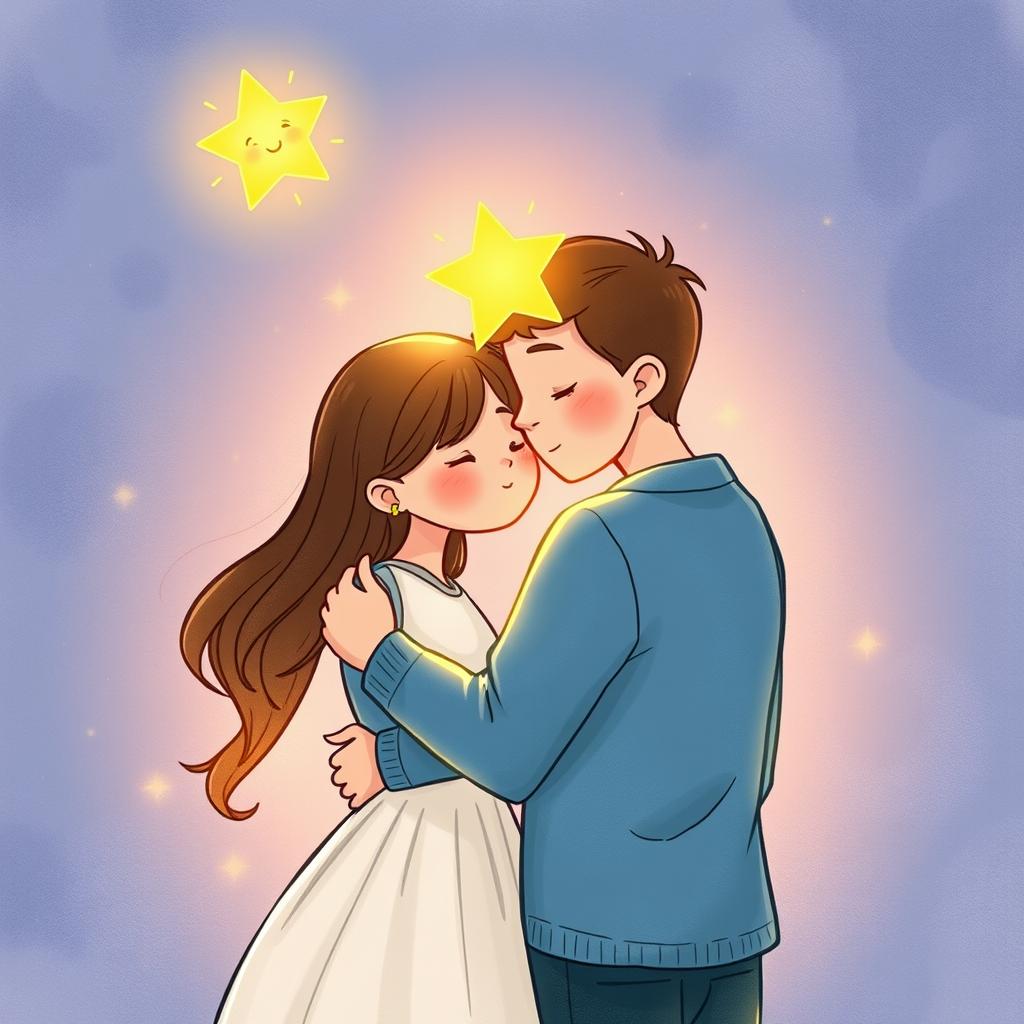 A heartfelt and emotional illustration representing a couple in a loving embrace, symbolizing their bond and love for each other, accompanied by a baby star, representing the child they lost