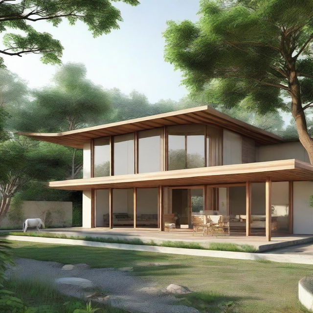 An integrated design of a residential house and goat farm, showcasing a harmonious blend of living space with farming facilities, ensuring easy access and efficient operation.