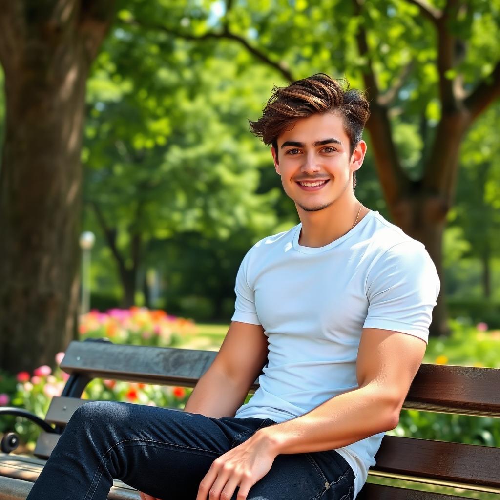 A young man with an athletic build, wearing a stylish casual outfit composed of a fitted white t-shirt and dark jeans, sitting on a park bench under the shade of a large tree