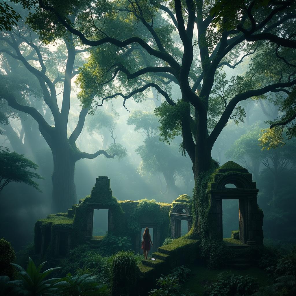 A wide shot of a dense jungle, showcasing a vast expanse of towering trees with thick trunks and sprawling canopies, enveloped in a soft layer of mist that enhances the atmosphere of mystery