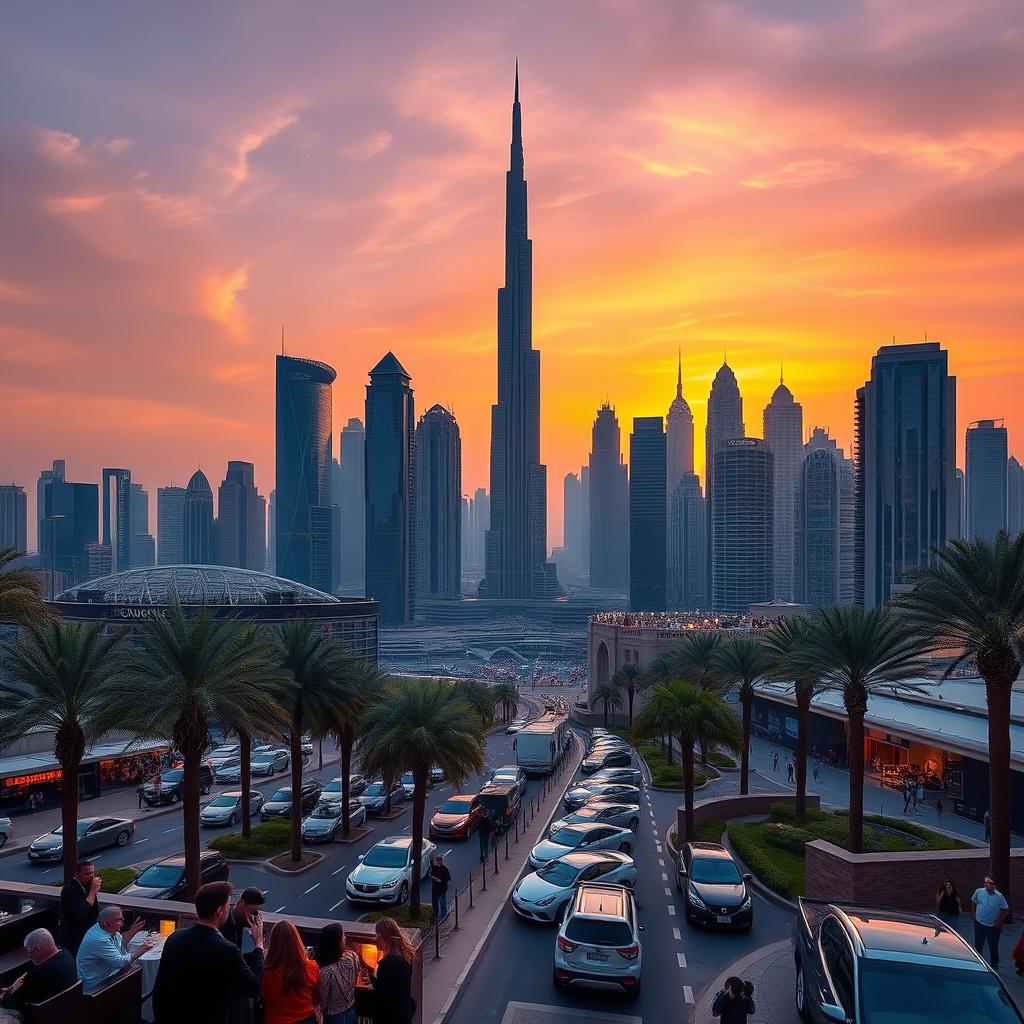A magnificent view of Dubai's skyline, showcasing the iconic Burj Khalifa in the foreground, surrounded by modern skyscrapers reflecting the sunset