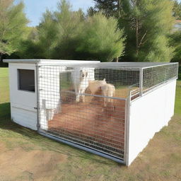 A modern goat pen design with clean lines, efficient space utilization, automated feeding system, and a comfortable habitat for the animals.