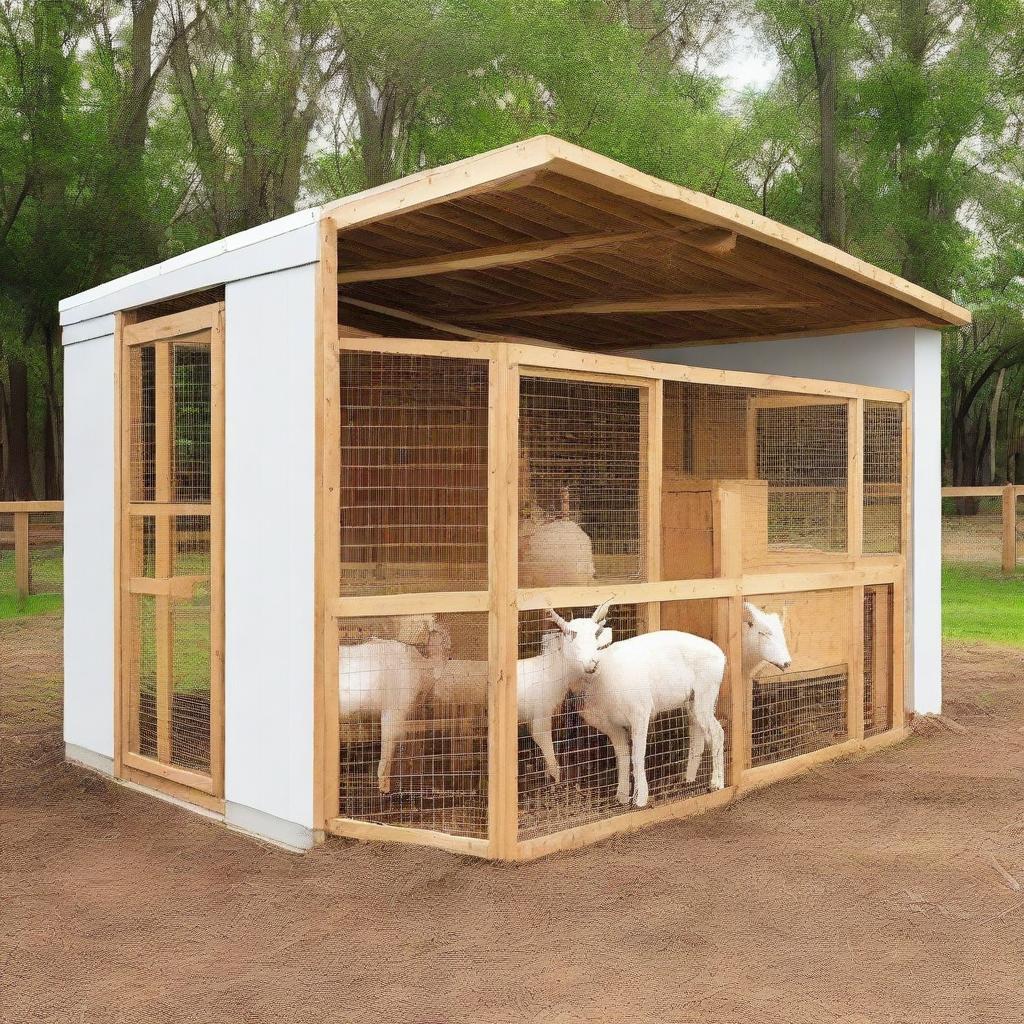 A modern goat pen design with clean lines, efficient space utilization, automated feeding system, and a comfortable habitat for the animals.