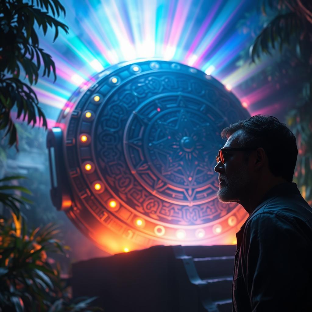 The scene captures the moment the mysterious machine activates, with vibrant, pulsating lights radiating in a spectrum of colors from its core