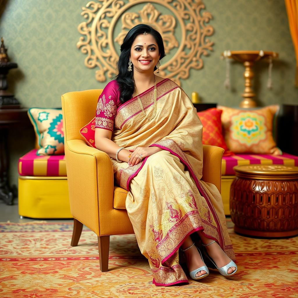 An Indian aunty dressed in an elegant chudidhar, adorned with intricate patterns, sitting gracefully on a stylish chair
