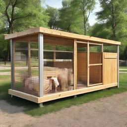 A modern goat pen design with clean lines, efficient space utilization, automated feeding system, and a comfortable habitat for the animals.