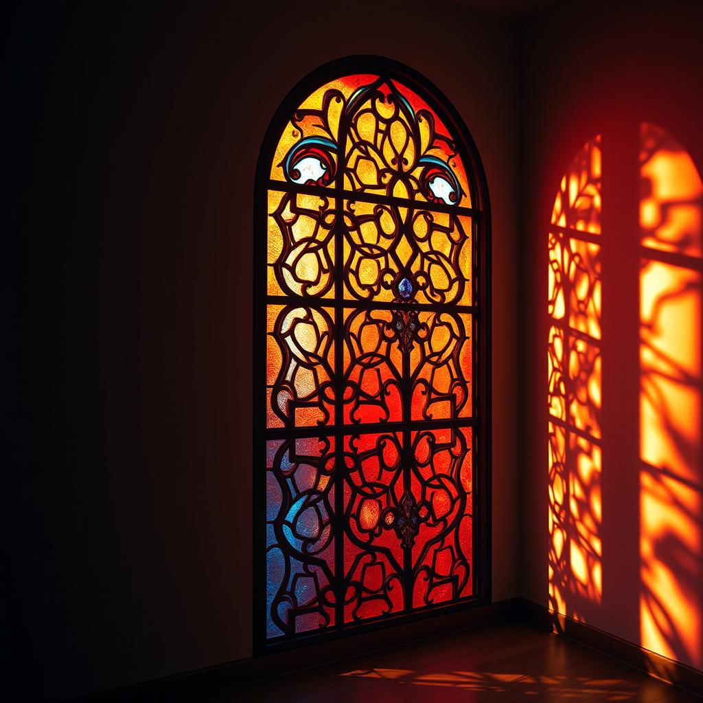 A captivating interior scene showcasing a wall featuring a beautifully designed stained glass window