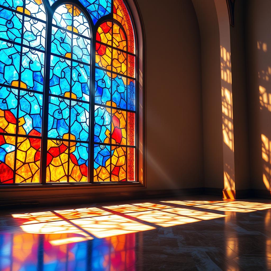 An enchanting interior scene showcasing a wall featuring a striking stained glass window