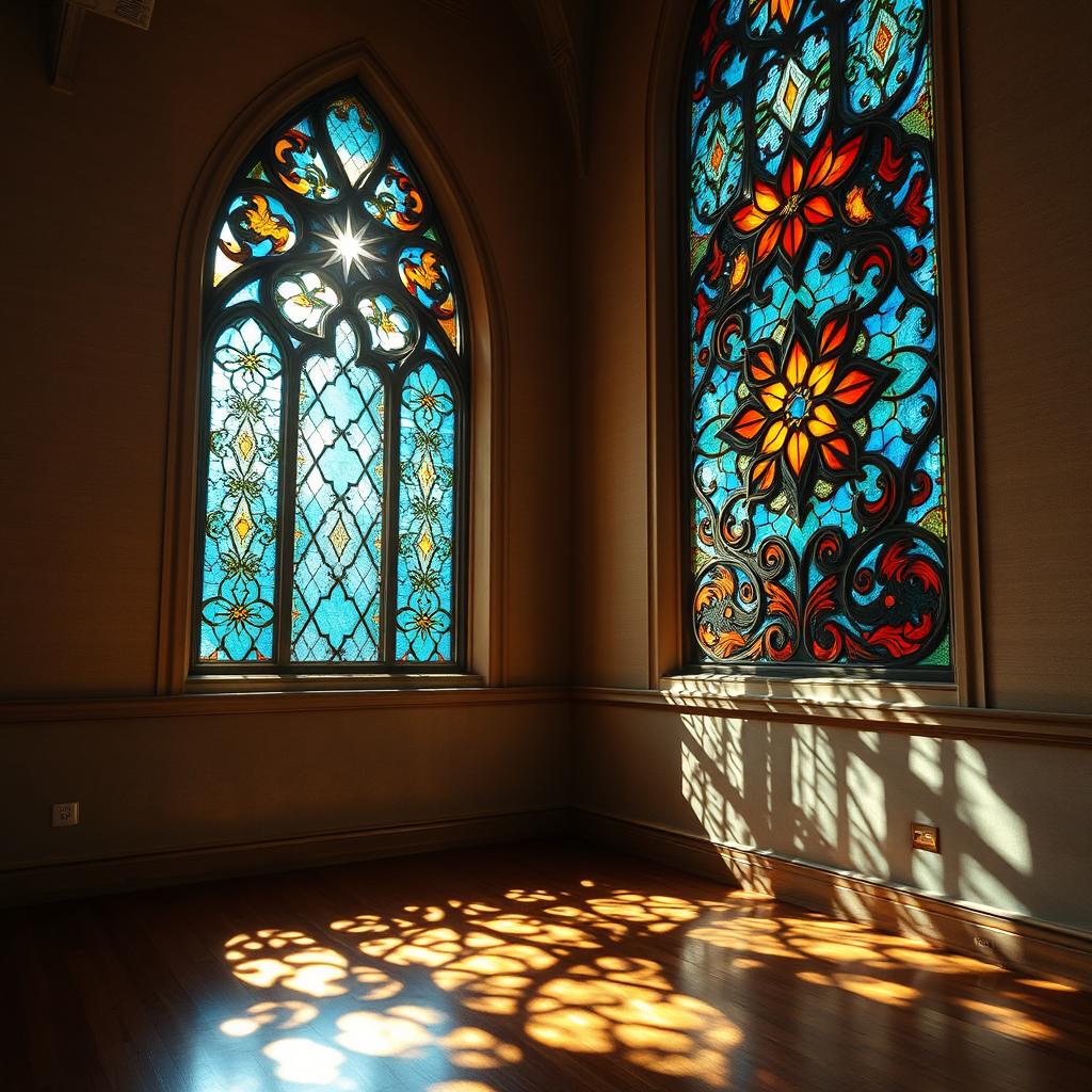 A breathtaking interior scene featuring a wall adorned with a stunning stained glass window