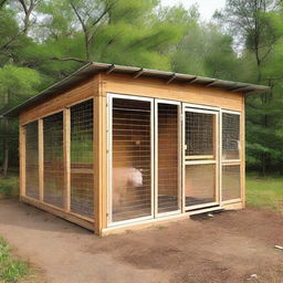 A modern goat pen design with clean lines, efficient space utilization, automated feeding system, and a comfortable habitat for the animals.