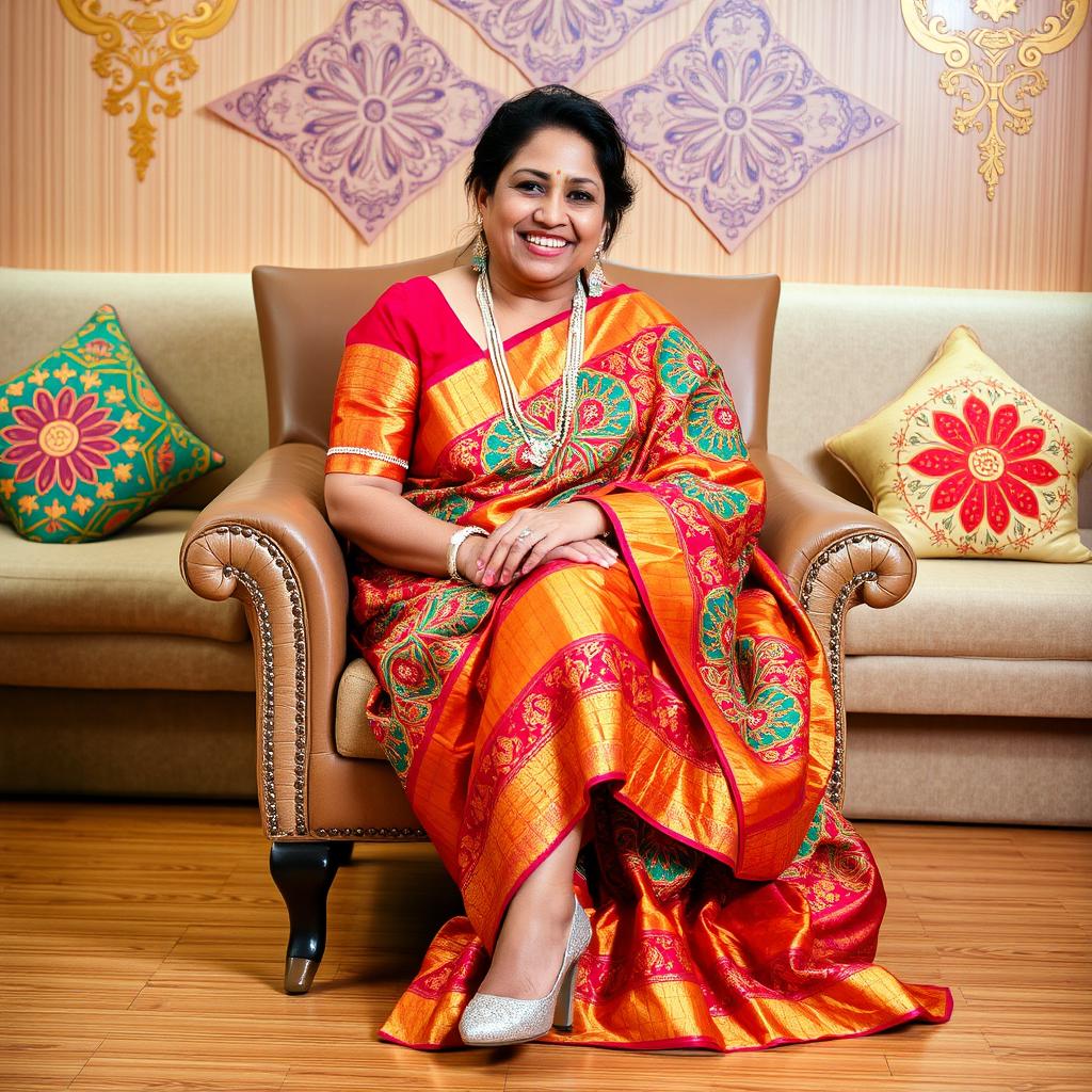 An Indian aunty in a beautiful chudidhar, richly patterned and colorful, seated elegantly on a stylish chair