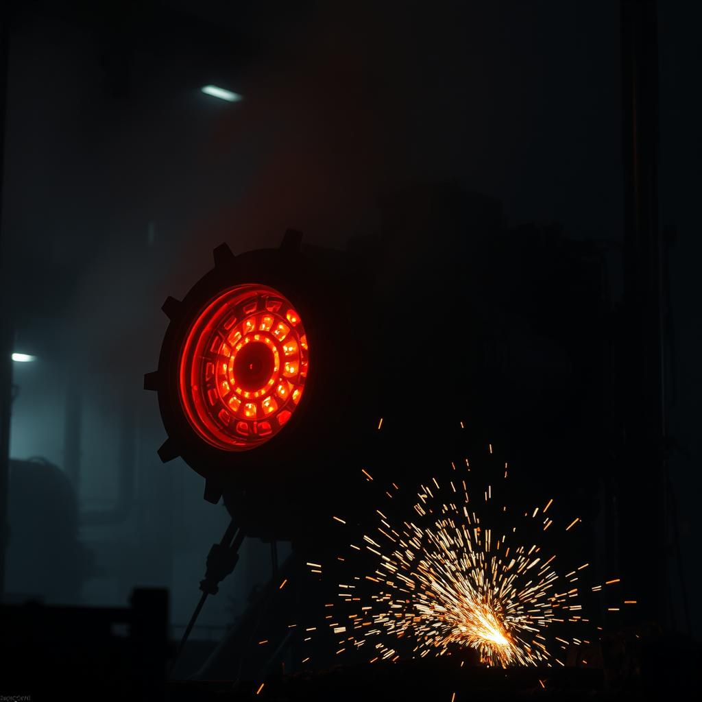 A dramatic scene featuring a large, ominous machine pulsing with a vivid, eerie glow