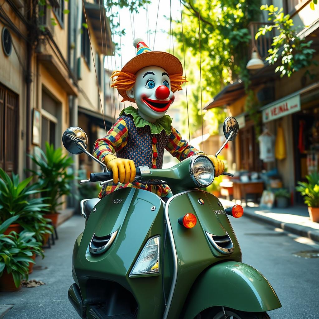 A life-sized puppet clown with colorful clothing and exaggerated features, skillfully manipulated by strings, riding an army green 2014 Vespa GTS scooter