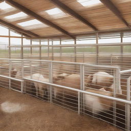 A modern goat pen design featuring an automated feeding system, clean lines, efficient space utilization, and a comfortable environment for goat farming.