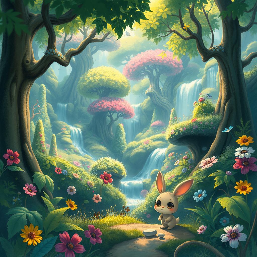 A beautifully detailed scene inspired by Studio Ghibli art, featuring a lush, enchanted forest filled with whimsical, vibrant foliage