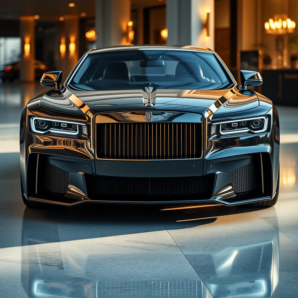A luxury car design that merges robust muscle car aesthetics with a classic look reminiscent of modern Rolls Royce vehicles, featuring a front grille inspired by Bugatti, a rear design similar to Bentley cars, and front headlights identical to the Rolls Royce 103EX