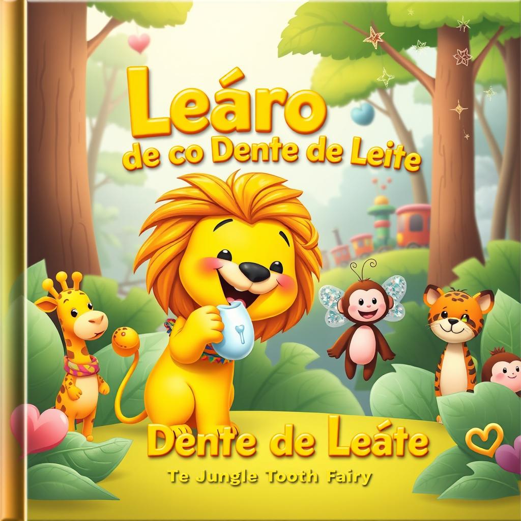 A cute and playful cartoon-style children's book cover featuring a yellow lion with a messy mane, holding a baby tooth in its paw and smiling with a missing tooth