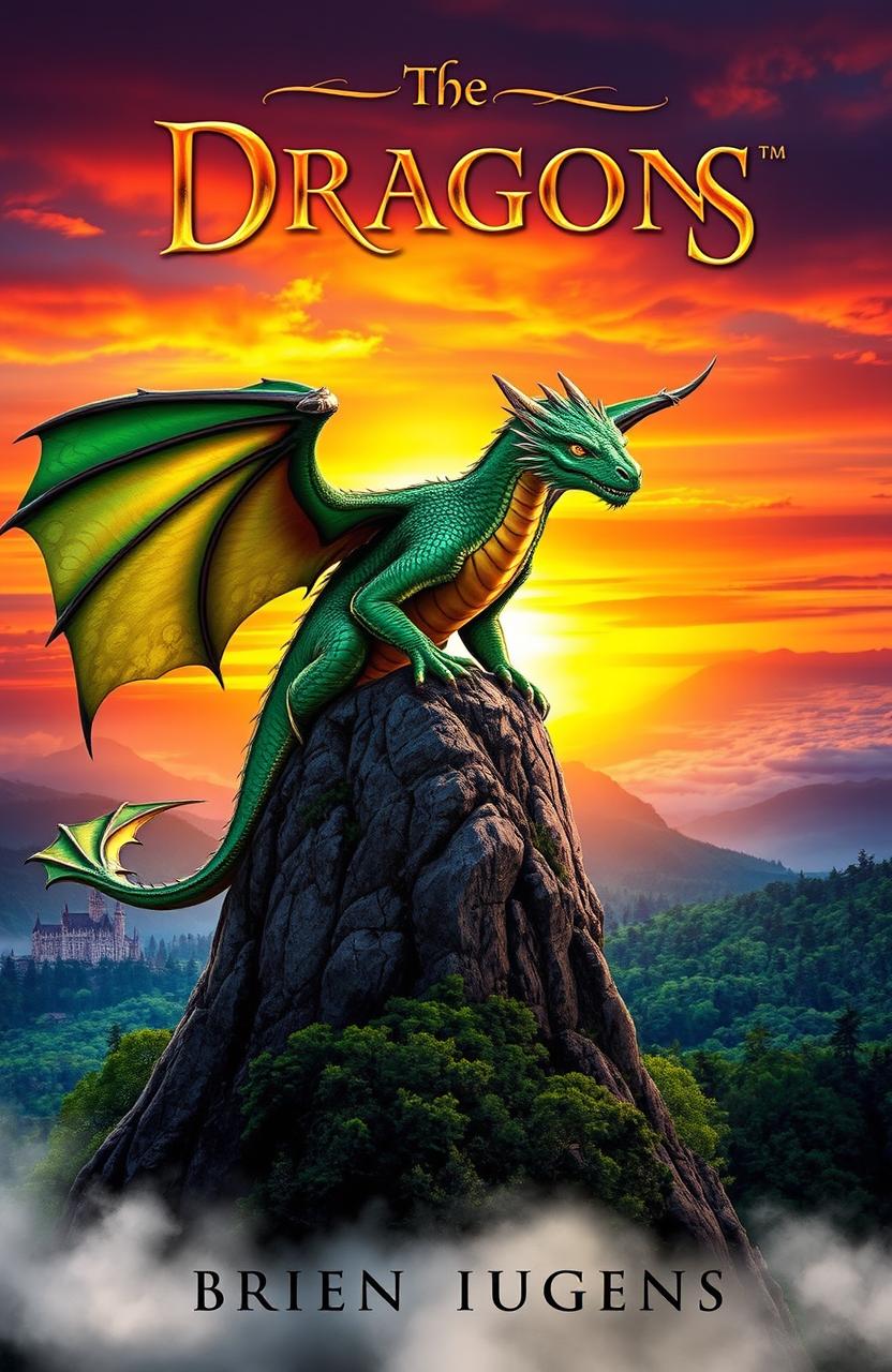 A captivating book cover showcasing a majestic dragon perched atop a rocky mountain