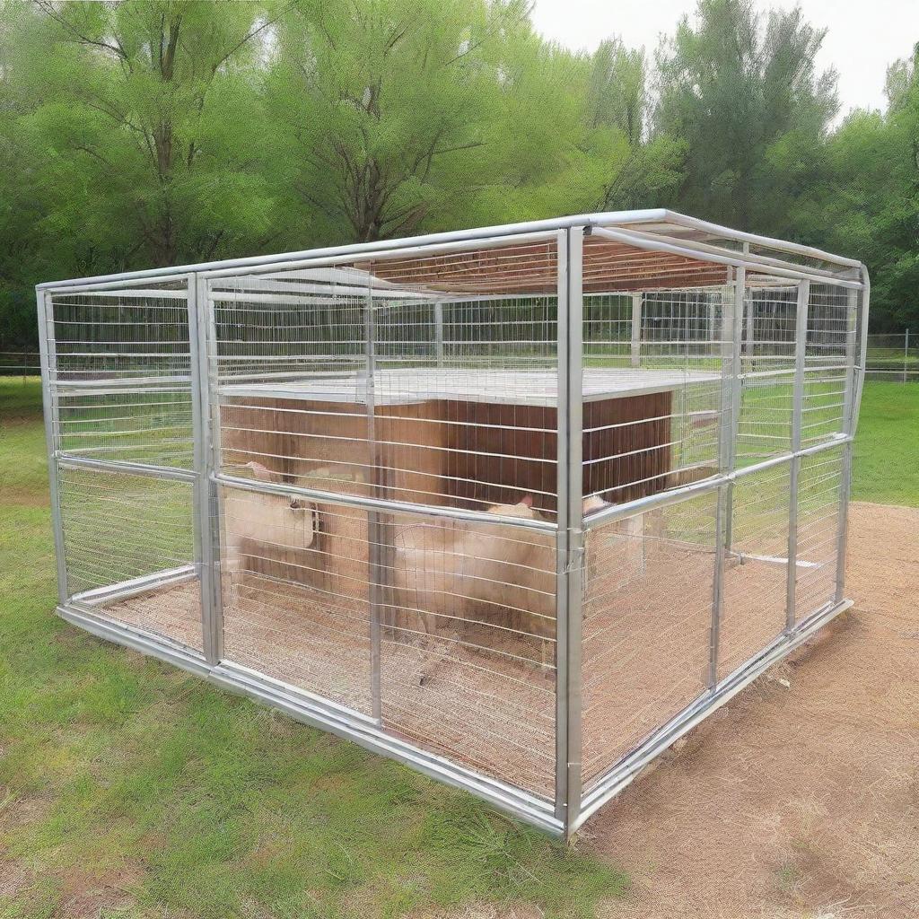 A modern goat pen design featuring an automated feeding system, clean lines, efficient space utilization, and a comfortable environment for goat farming.