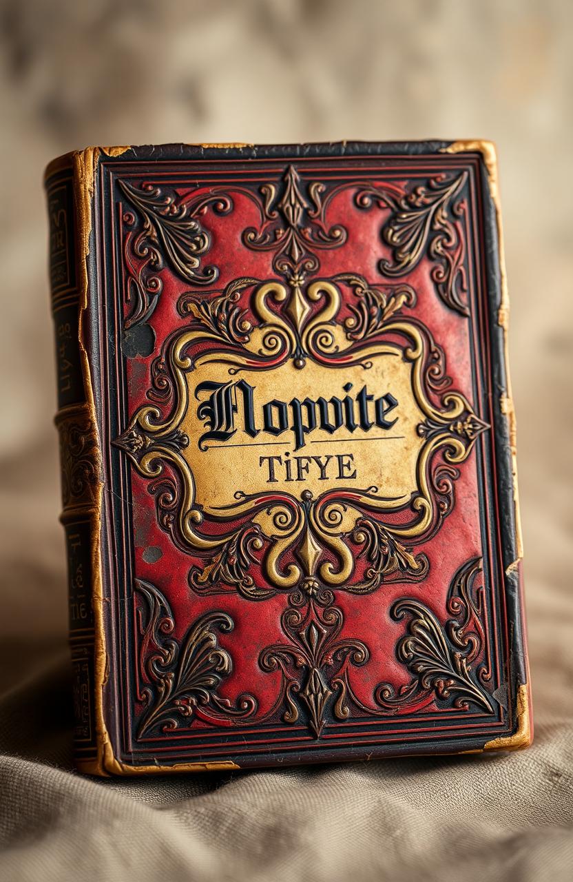 An ancient, weathered book cover featuring intricate designs and ornate patterns