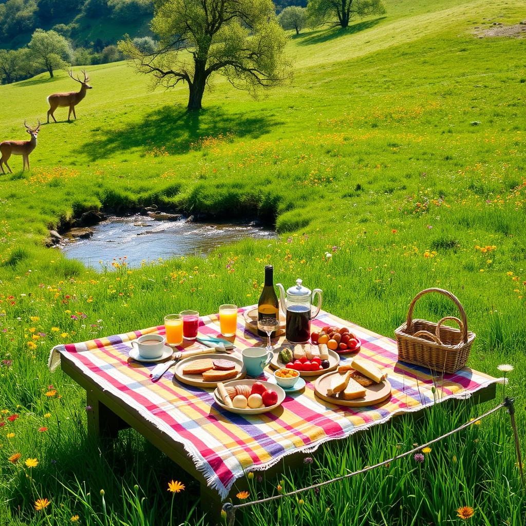A serene meadow with lush green grass, bright wildflowers scattered across the landscape, and a peaceful ambiance