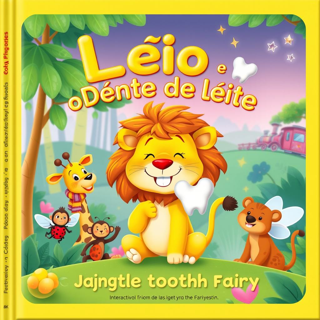 A cute and playful cartoon-style children's book cover featuring a yellow lion with a messy mane, holding a baby tooth in its paw and smiling with a missing tooth