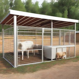 A modern goat pen design featuring an automated feeding system, clean lines, efficient space utilization, and a comfortable environment for goat farming.