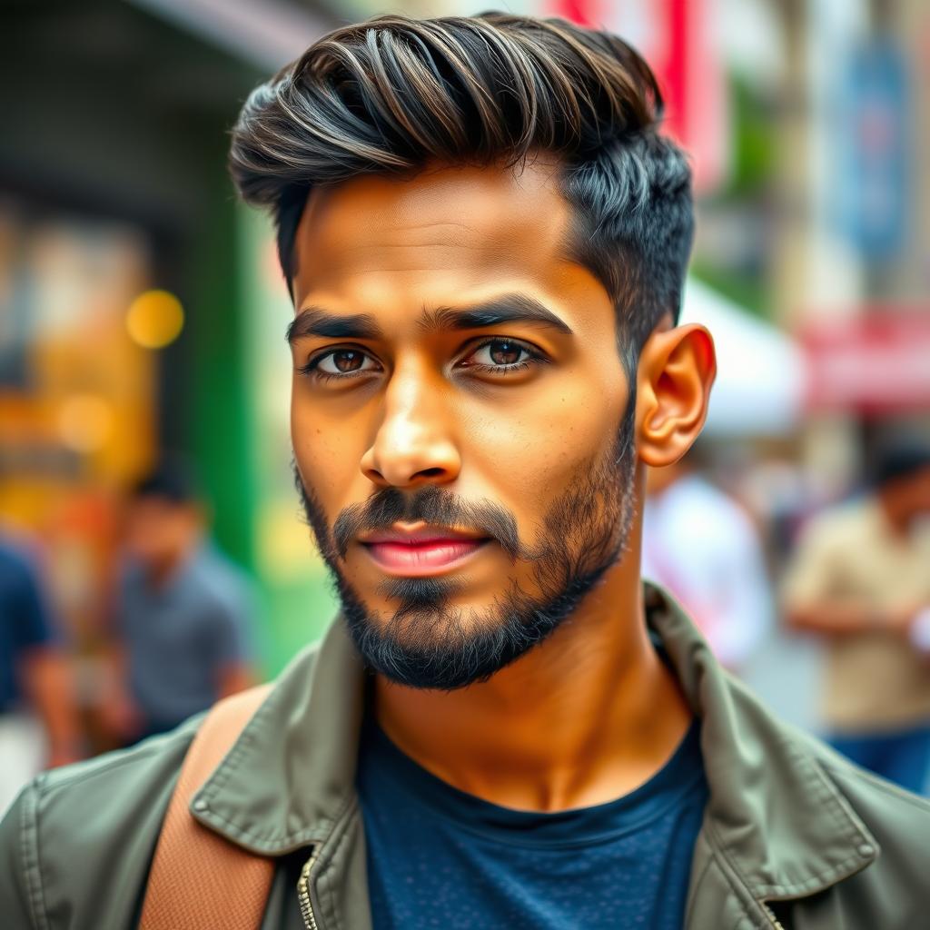 A stylish young man with a well-groomed beard, looking confidently at the camera