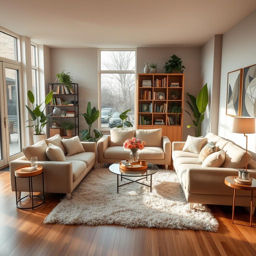 A beautifully designed interior of a cozy living room featuring a large, plush sofa in a modern style, surrounded by light wood furnishings and decorative plants