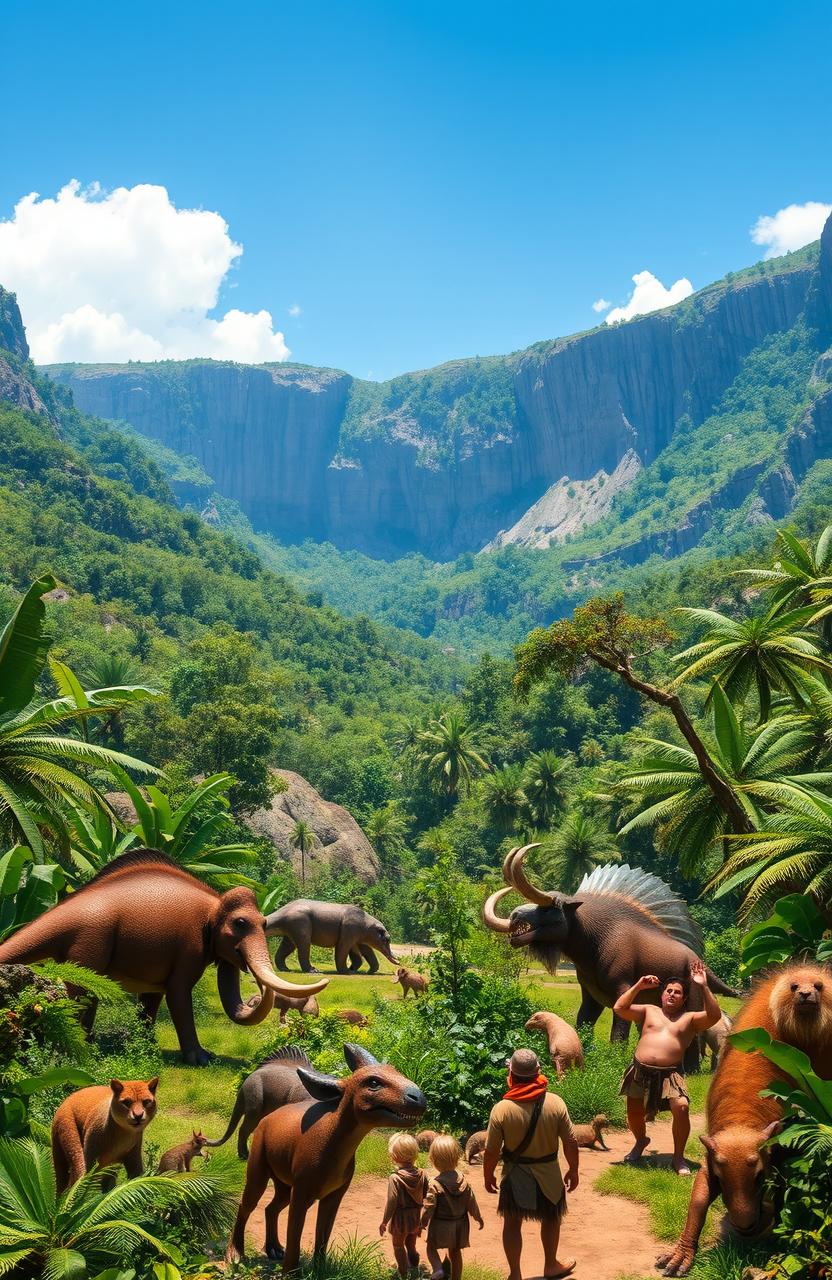 A lush, prehistoric continent teeming with life, where a diverse range of prehistoric animals roam freely