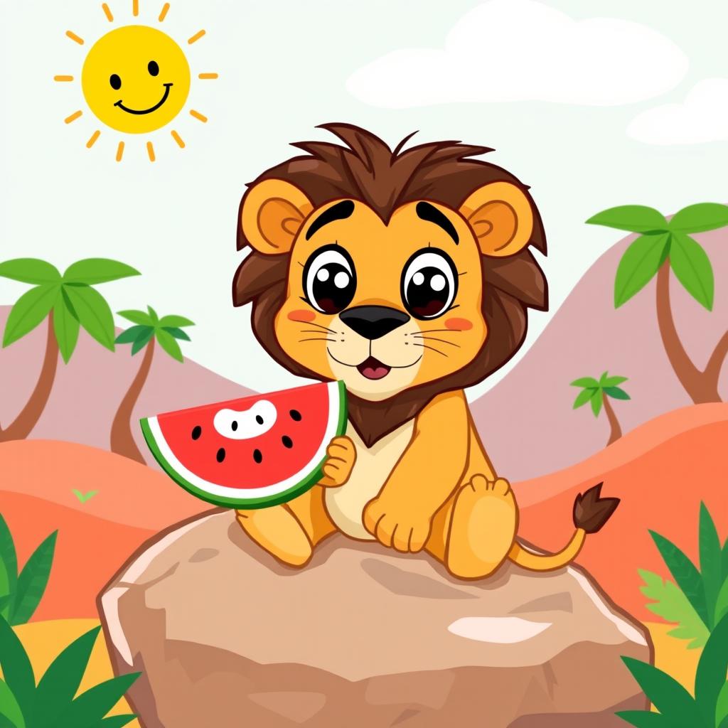 A cartoon-style illustration of a lion sitting on a rock, holding a slice of watermelon with a baby tooth marked (💢)