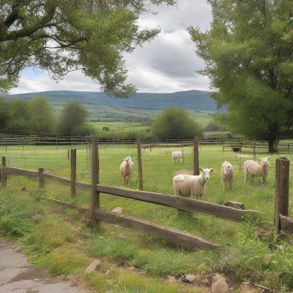 A well-maintained goat pen, showing a pastoral landscape alongside wooden fencing for the goats