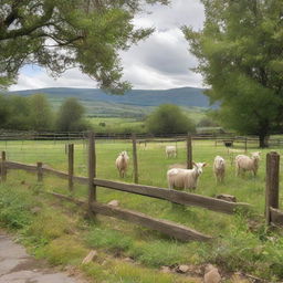 A well-maintained goat pen, showing a pastoral landscape alongside wooden fencing for the goats