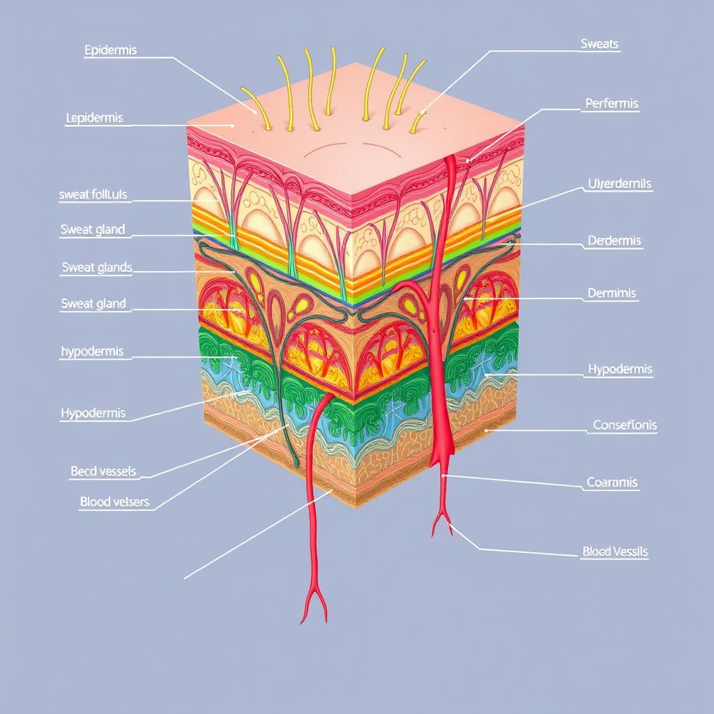 A detailed illustration of the structure of human skin, showcasing various layers such as the epidermis, dermis, and hypodermis