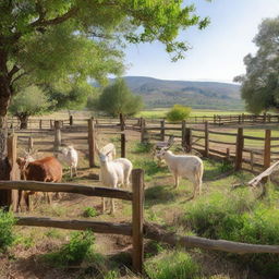 A well-maintained goat pen, showing a pastoral landscape alongside wooden fencing for the goats