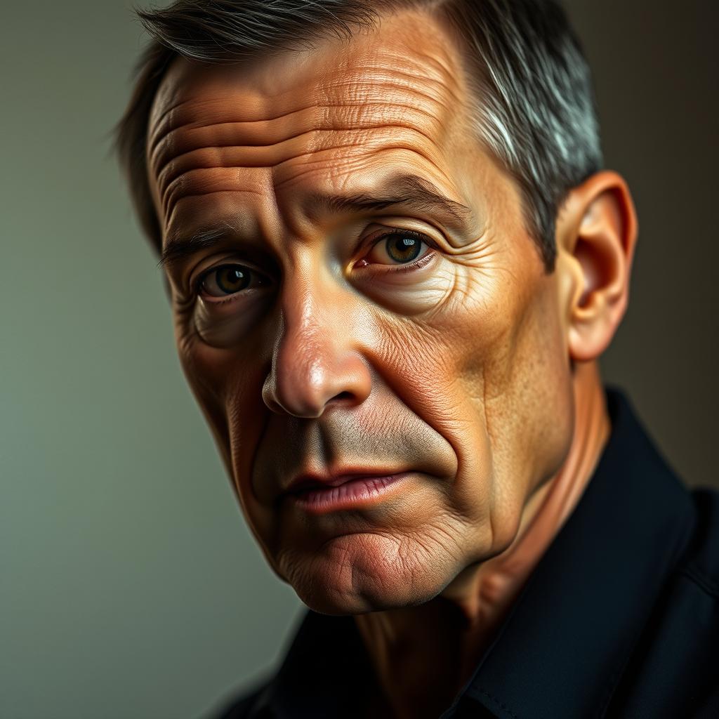 A hyper-realistic portrait of a mature man with deep-set eyes, a strong jawline, and short, neatly styled hair