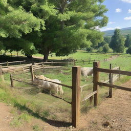 A well-maintained goat pen, showing a pastoral landscape alongside wooden fencing for the goats