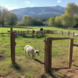 A well-maintained goat pen, showing a pastoral landscape alongside wooden fencing for the goats