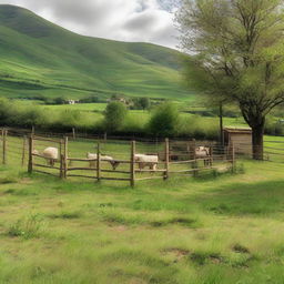 A rustic goat pen, complete with a fenced boundary, lush green fields, and roaming goats