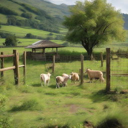 A rustic goat pen, complete with a fenced boundary, lush green fields, and roaming goats