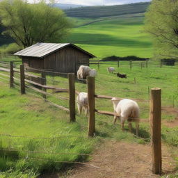 A rustic goat pen, complete with a fenced boundary, lush green fields, and roaming goats