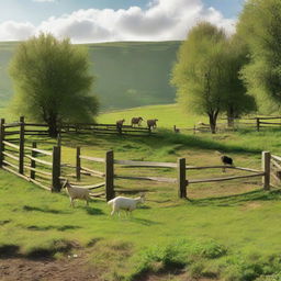 A rustic goat pen, complete with a fenced boundary, lush green fields, and roaming goats