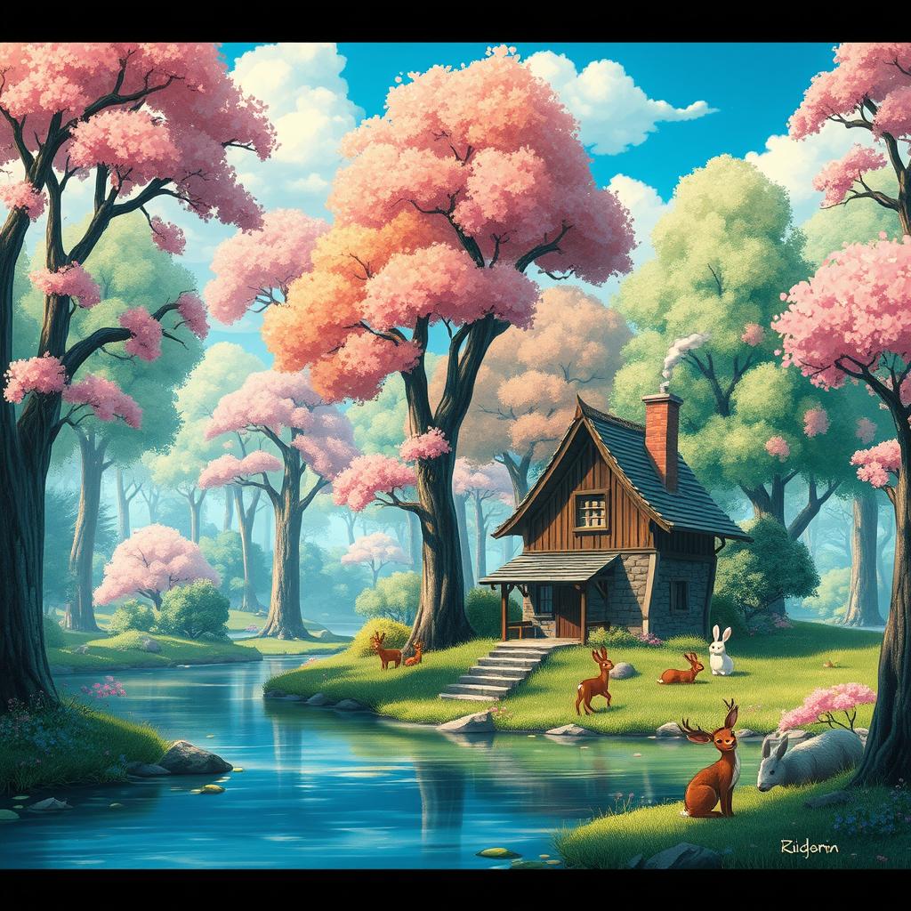 A serene, enchanting landscape illustrating a vibrant forest with tall, whimsical trees adorned with cherry blossoms