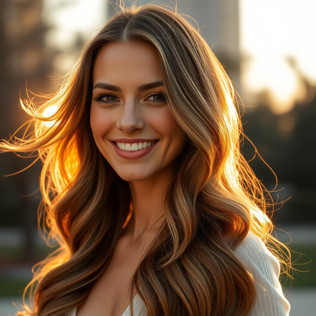A beautiful woman with long, wavy hair, elegantly styled