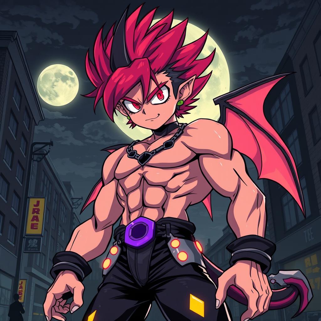 A character inspired by anime style like 'Devilman', featuring bold outlines and vibrant colors